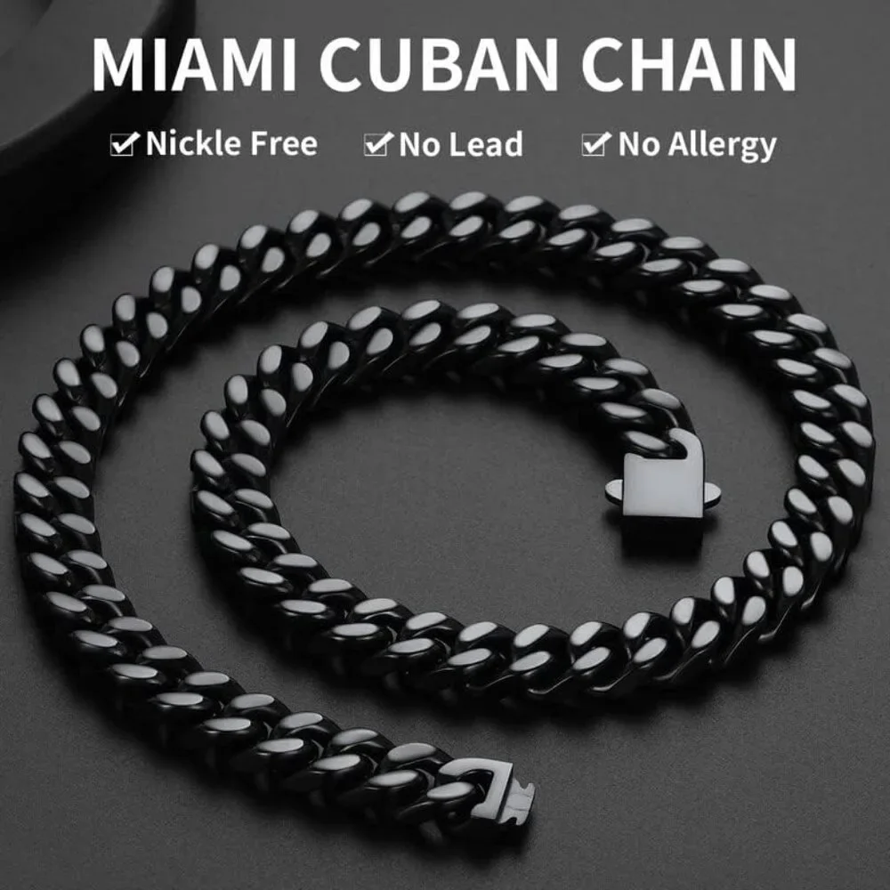 Men's 12mm Width Steel 18K Gold Plated Black Durable Hip Hop Cuban Chain Jewelry - Picture 2 of 7